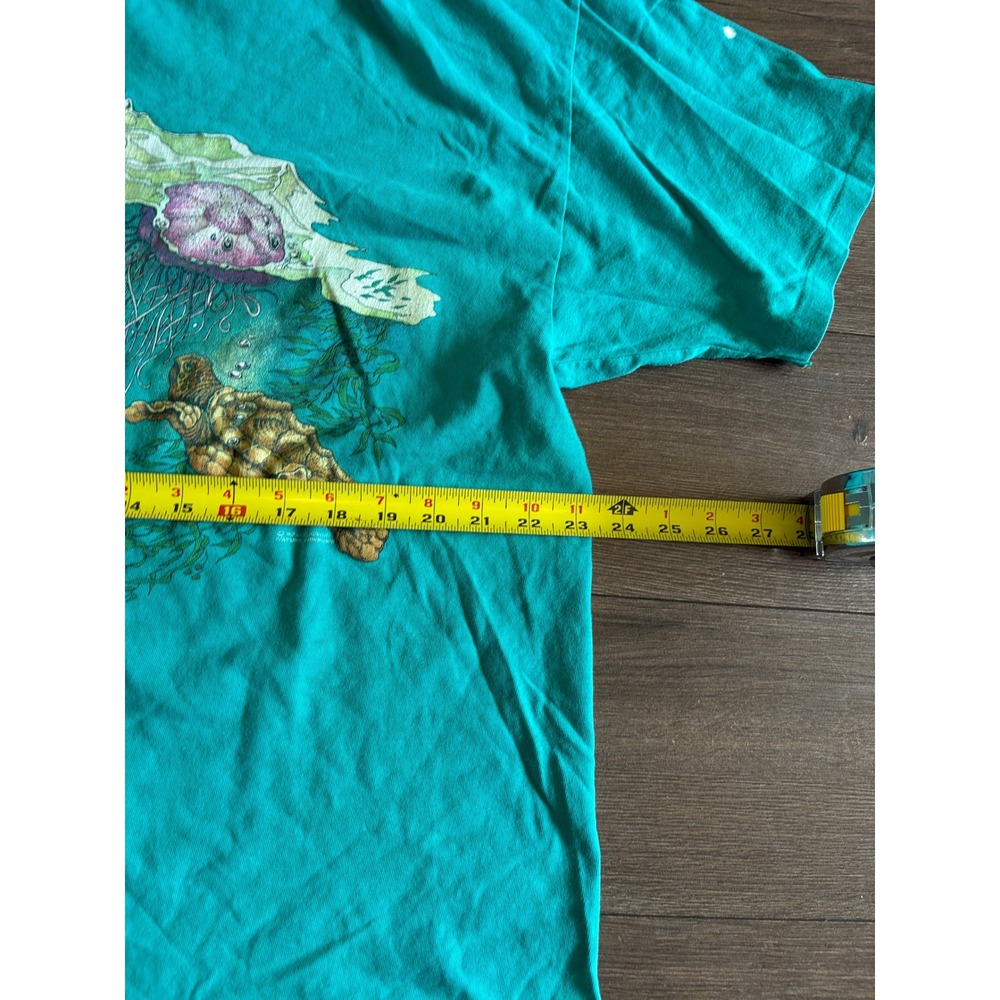 Vintage 1993 Nature Graphics Sea Turtle T-Shirt Teal Hanes Beefy-T XL Harlequin - Picture 7 of 7